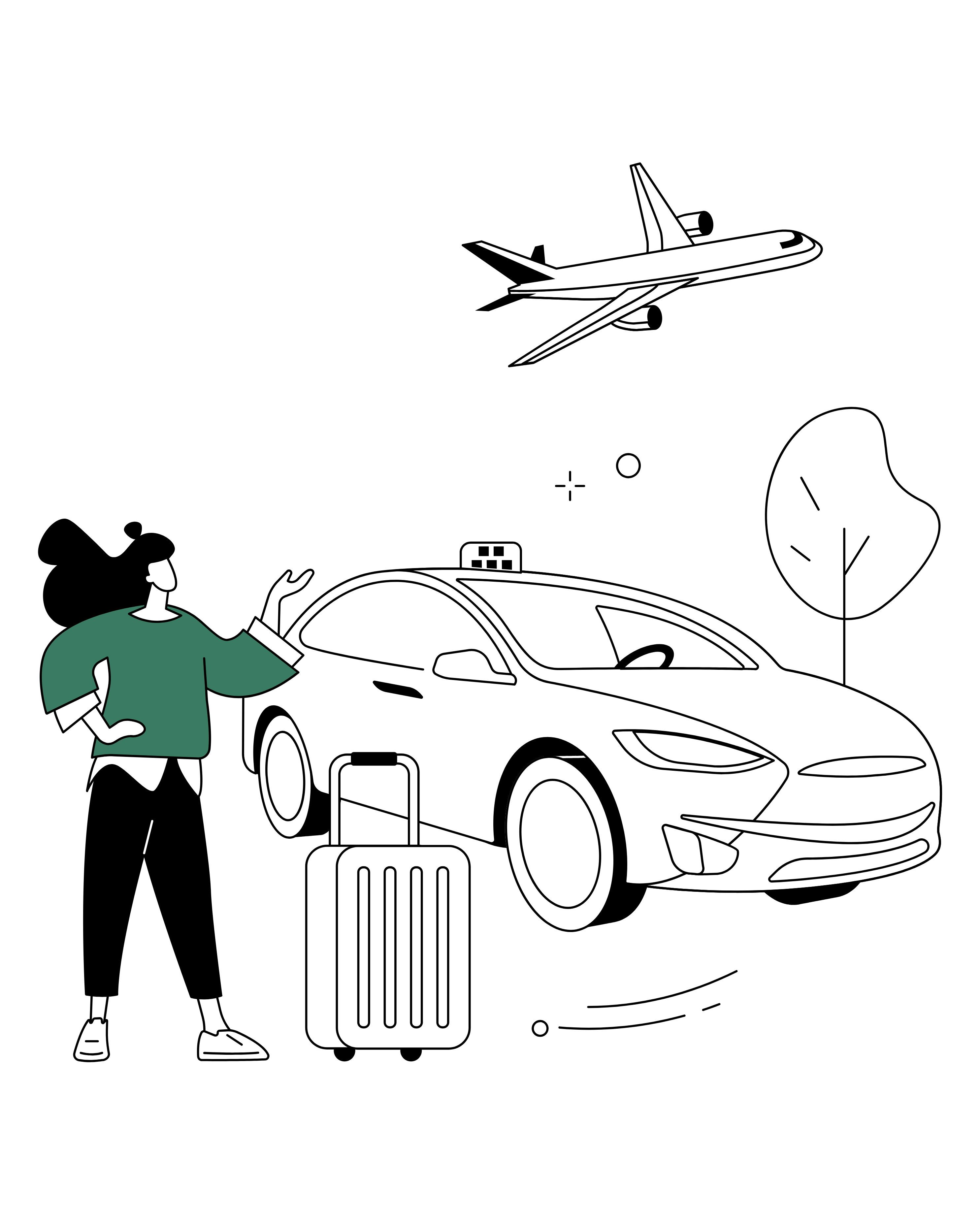 Travel illustration with car, airplane and traveler